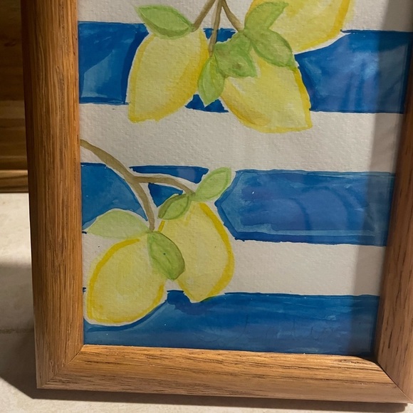 Italian Summer Watercolor Lemon Art with Blue Stripes in Wooden Frame - Picture 4 of 5